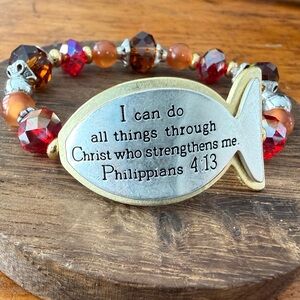 Christian Fish Bracelet Philippians 4:13 Stretch Beaded Silver Gold Tone
